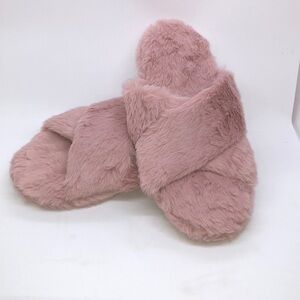Pink Fuzzy Cross Band Slippers, L (fits 8-9) NIP